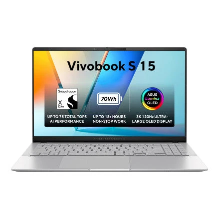 ASUS Vivobook S 15 OLED (S5507QA-MA001W) | Snapdragon® X Elite X1E 78 100 ، Qualcomm® AI Engine 32GB DDR5X ، كمبيوتر محمول مقاس 15.6 بوصة بدقة 3K 120 هرتز