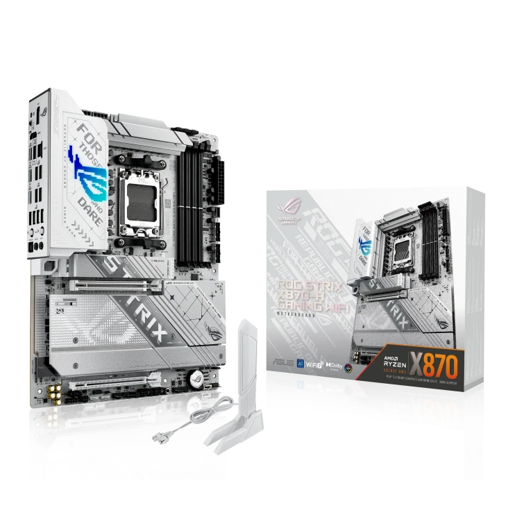 لوحة أم ASUS ROG STRIX X870-A GAMING WIFI ATX، شريحة AMD X870، 4x DIMM DDR5 باللون الأبيض