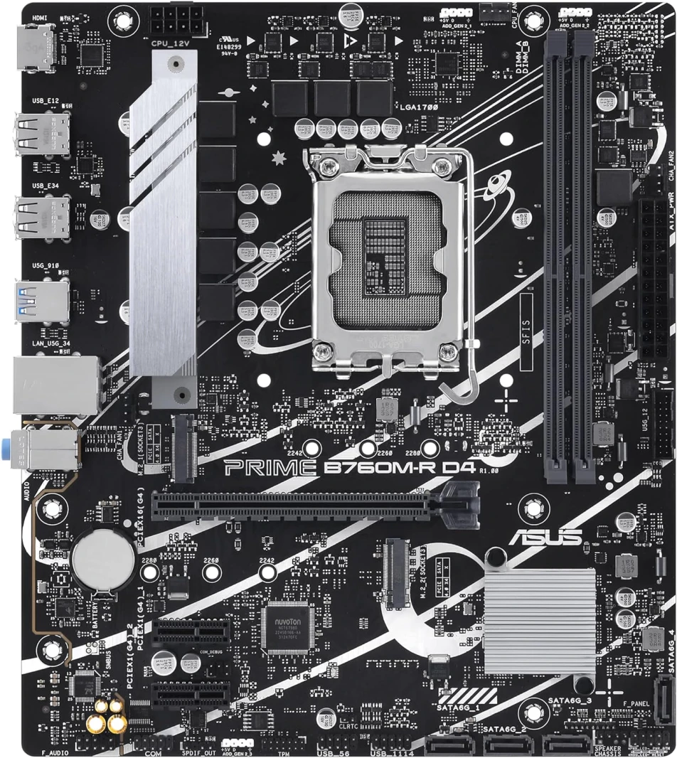 اللوحة الأم ASUS PRIME B760M-R D4، وهي لوحة أم Intel® LGA 1700 micro-ATX