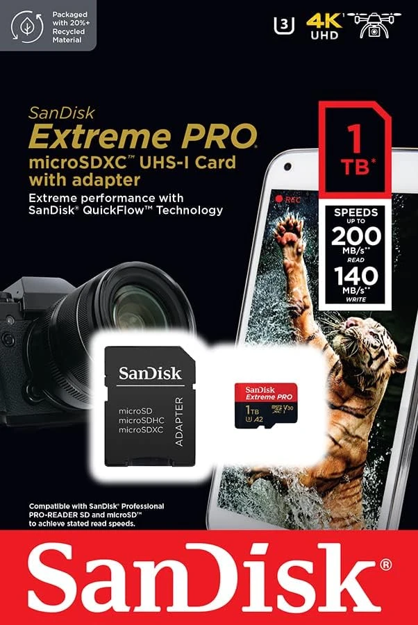 ذاكرة SD صغيرة SANDISK EXTREME PRO سعة 1 تيرابايت بسرعة قراءة 200 ميجابايت/ثانية وكتابة 140 ميجابايت/ثانية