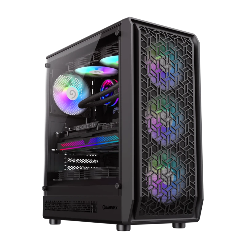علبة ألعاب GAMEMAX Forge AB ذات الزجاج الأسود المقسّى ومنفذ USB3.0 وType C Mid Tower و6 مراوح ARGB (مثبتة مسبقًا) وATX