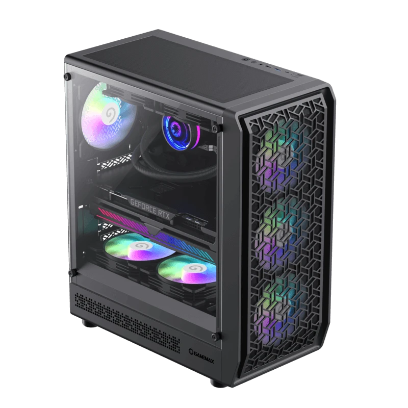 علبة ألعاب GAMEMAX Forge AB ذات الزجاج الأسود المقسّى ومنفذ USB3.0 وType C Mid Tower و6 مراوح ARGB (مثبتة مسبقًا) وATX
