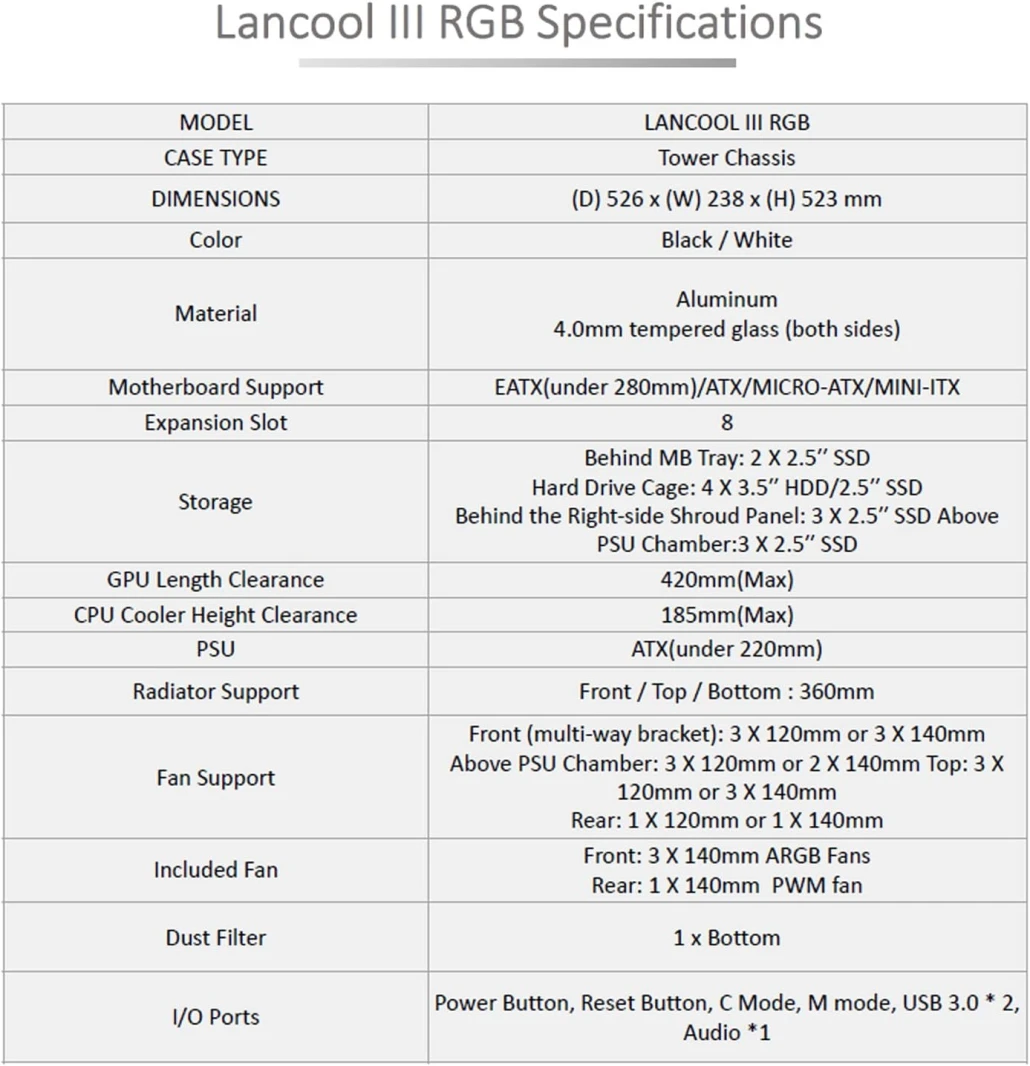 علبة ألعاب Lian Li LANCOOL 3 (3R-X) MESH ARGB ATX Mid Tower 4x140mm Fans (أسود)