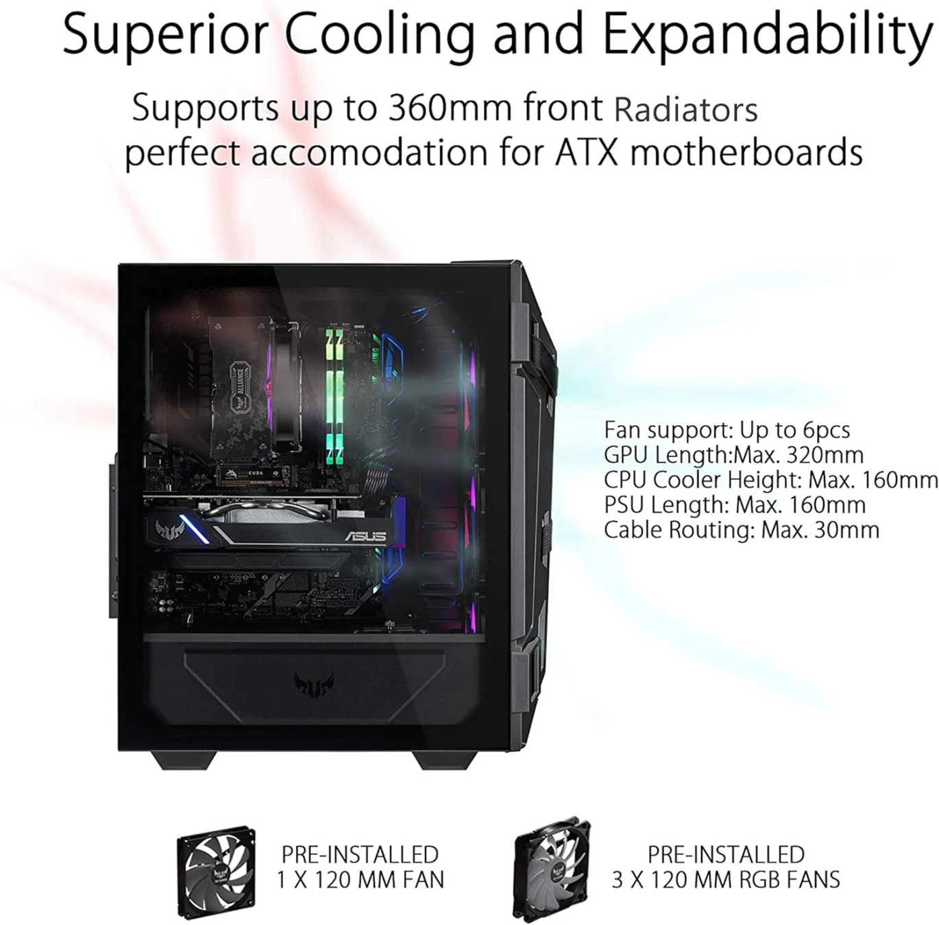 علبة ألعاب ASUS TUF Gaming GT301 ATX متوسطة الحجم مصنوعة من الزجاج المقسّى