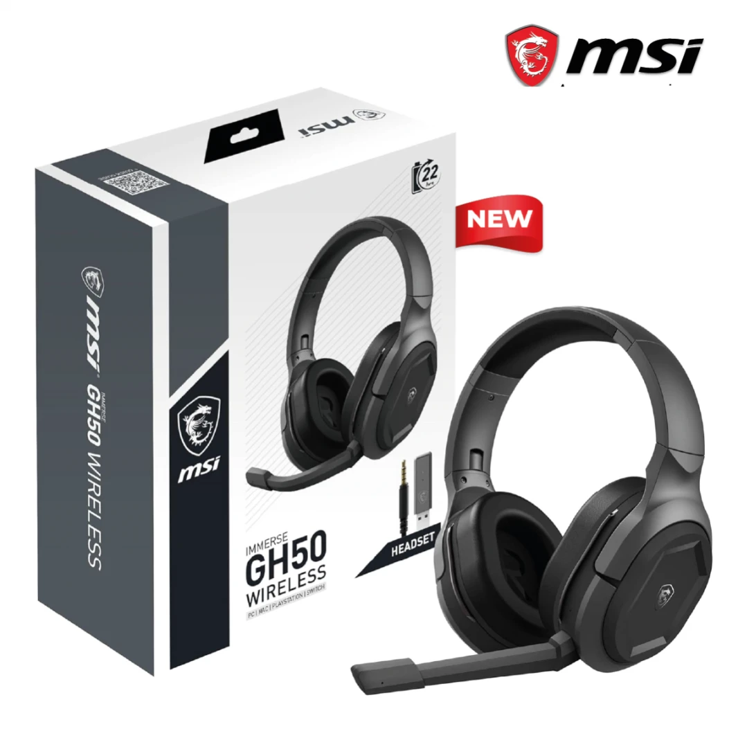 سماعة الرأس اللاسلكية MSI Immerse GH50 – عمر بطارية يصل إلى 22 ساعة، ومشغلات نيوديميوم مقاس 50 مم، وسماعة رأس للألعاب