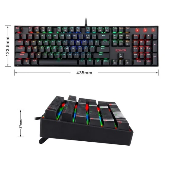 لوحة مفاتيح ميكانيكية للألعاب REDRAGON K551 MITRA مكونة من 104 مفتاحًا بإضاءة خلفية LED RGB ومفاتيح زرقاء - باللون الأسود