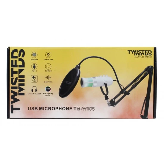 ميكروفون ألعاب TWISTED MINDS W108 RGB مع زر كتم الصوت وتعديل الإضاءة مع حامل - أبيض