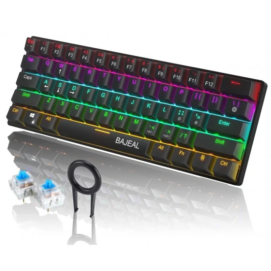 لوحة مفاتيح ميكانيكية سلكية للألعاب من BAJEAL K101 بنسبة 60% RGB من النوع C قابلة للتبديل السريع مع مفاتيح زرقاء - أسود