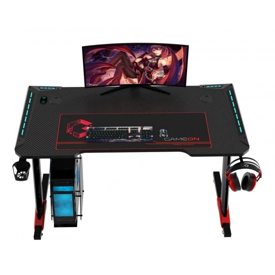 مكتب ألعاب GAMEON RAPTOR II SERIES Z-SHAPED RGB FLOWING LIGHT (140*60*72CM) مع خطاف سماعة رأس وحامل أكواب - أسود