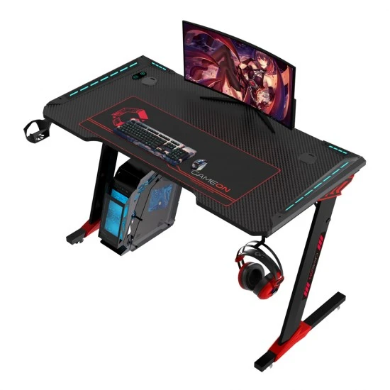 مكتب ألعاب GAMEON RAPTOR II SERIES Z-SHAPED RGB FLOWING LIGHT (140*60*72CM) مع خطاف سماعة رأس وحامل أكواب - أسود