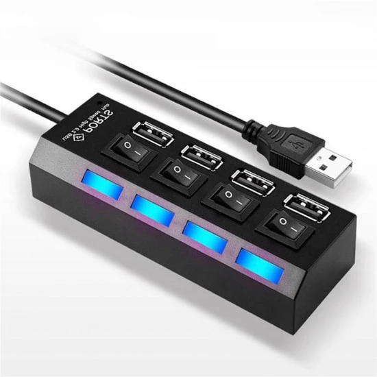 موزع USB 2.0 عالي السرعة 480 ميجابايت في الثانية يدعم 500 جيجابايت و4 منافذ مع مفتاح تشغيل/إيقاف ومصباح LED