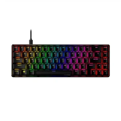 لوحة مفاتيح الألعاب الميكانيكية HyperX Alloy Origins 65 صغيرة الحجم بعامل شكل 65% ومفتاح أحمر خطي وأغطية مفاتيح PBT مزدوجة الطلقات