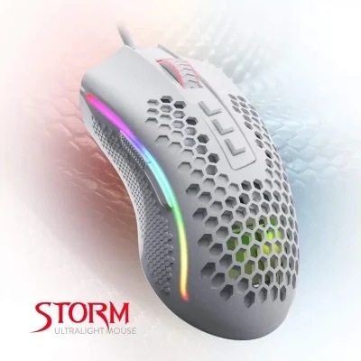 ماوس ألعاب Redragon M808 Storm White خفيف الوزن RGB، 85 جرامًا، هيكل قرص العسل فائق الخفة - مستشعر بصري 12400 نقطة في البوصة