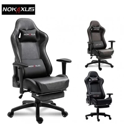 كرسي ألعاب NOKAXUS كبير الحجم بمقعد سباق مريح وظهر مرتفع مع دعم قطني للتدليك باللون البني والأسود