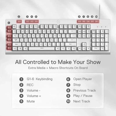 Redragon K512 Shiva مفاتيح الوسائط المتعددة ذات الإضاءة الخلفية RGB و6 مفاتيح ماكرو مدمجة - بيضاء