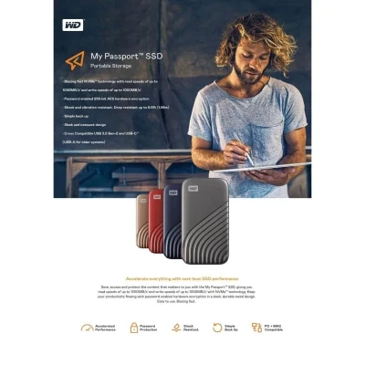 قرص صلب محمول My Passport SSD بسعة 2 تيرابايت ومنفذ USB 3.2 بسرعة تصل إلى 1050 ميجابايت/ثانية، باللون الرمادي