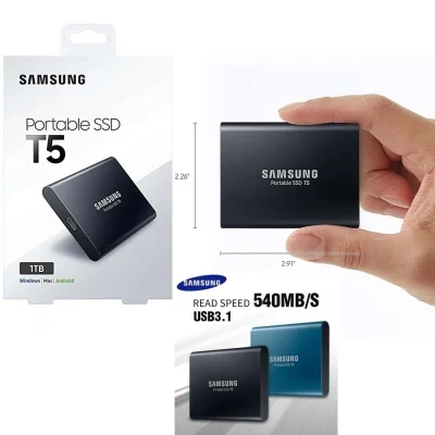سامسونج T5 SSD محمول خارجي بسعة 1 تيرابايت بمنفذ USB 3.1 Type C من الجيل الثاني - أسود