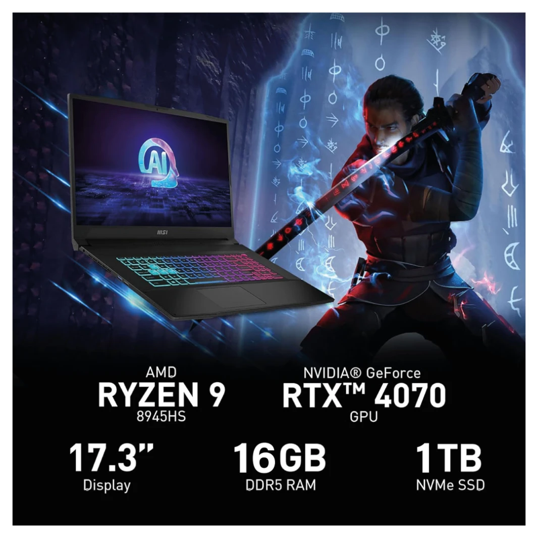 MSI Katana A17 AI B8VG | AMD Ryzen 9 8945HS, NVIDIA RTX 4070 8GB, 16GB DDR5, 1TB SSD, 17.3" FHD 144Hz IPS - Black