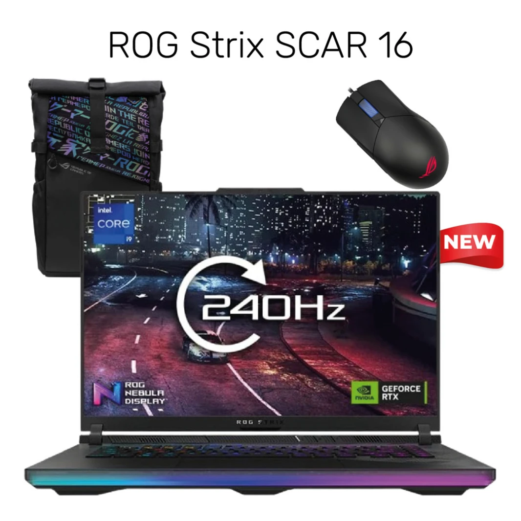 ASUS ROG Strix SCAR 16 Laptop - Intel Core i9-14900HX, RTX 4080, 32GB DDR5, 16" QHD+ 240Hz, with ROG Backpack & ROG Gladius III Mouse, Off Black