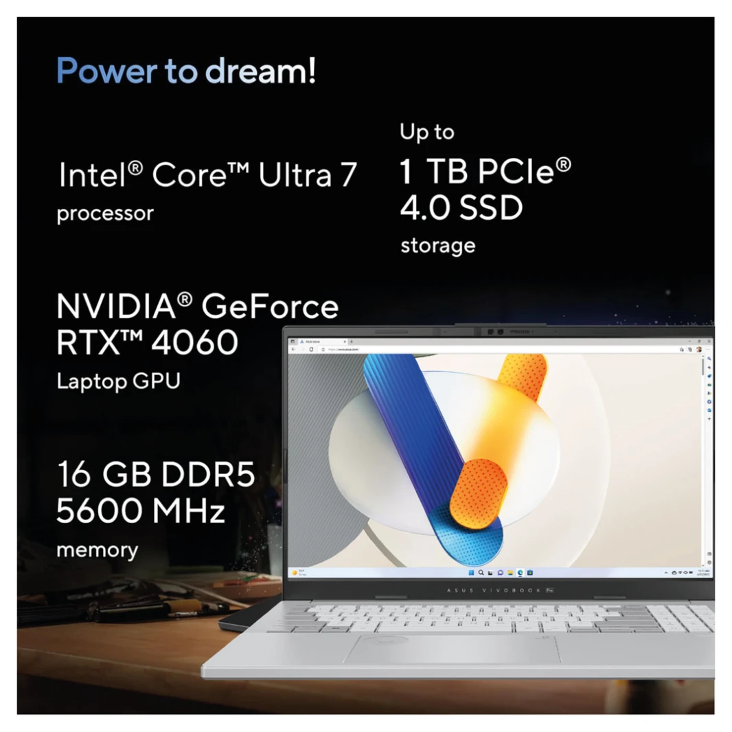 ASUS Vivobook Pro 15 OLED Laptop - AI Ready, 15.6" 3K 120Hz OLED, Intel Core Ultra 7 155H, NVIDIA GeForce RTX 4060, 1TB SSD, Windows 11 Home, Cool Silver
