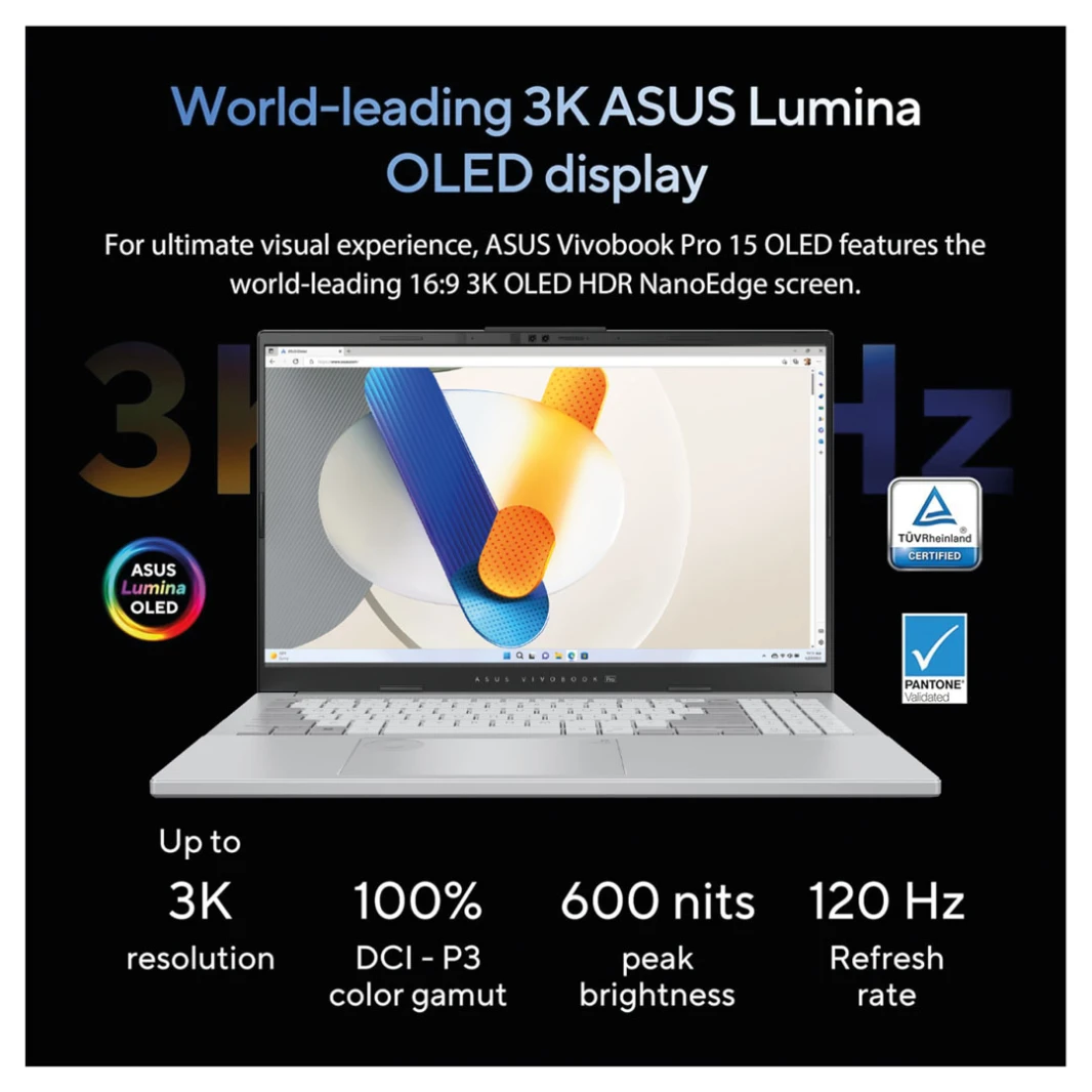 ASUS Vivobook Pro 15 OLED Laptop - AI Ready, 15.6" 3K 120Hz OLED, Intel Core Ultra 7 155H, NVIDIA GeForce RTX 4060, 1TB SSD, Windows 11 Home, Cool Silver