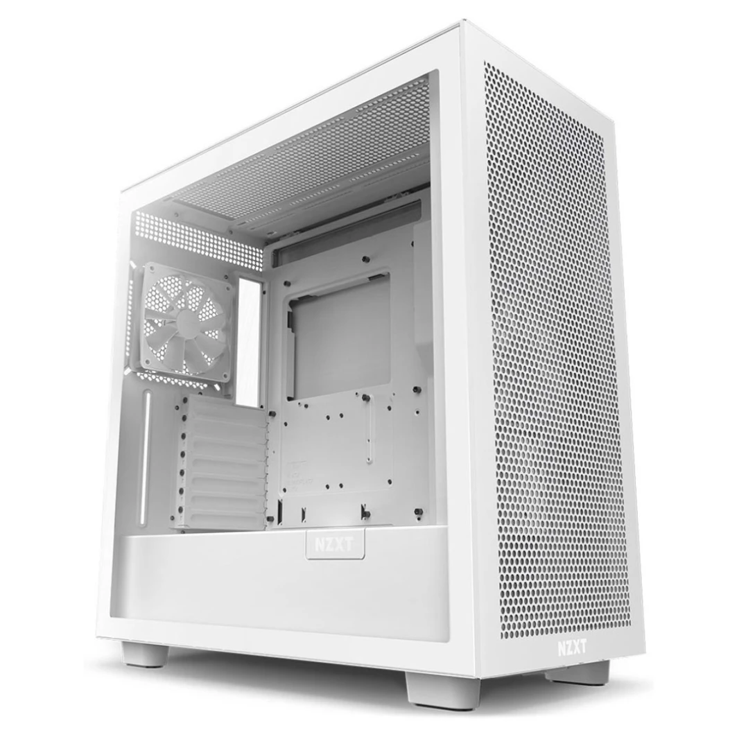 حافظة ألعاب NZXT H7 Flow ATX من الزجاج المقسّى متوسطة الحجم - جمال أبيض غير لامع مع منفذ USB Type-C