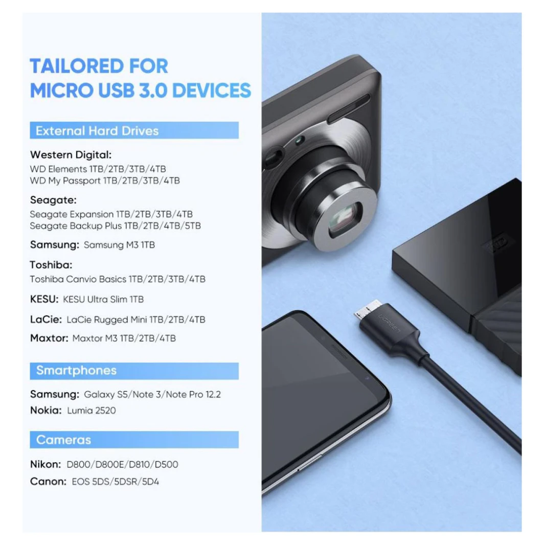 كابل UGREEN US312 USB C إلى Micro - B 3.0 - كابل USB C إلى Micro - B 3.0 لتوفير اتصال مريح
