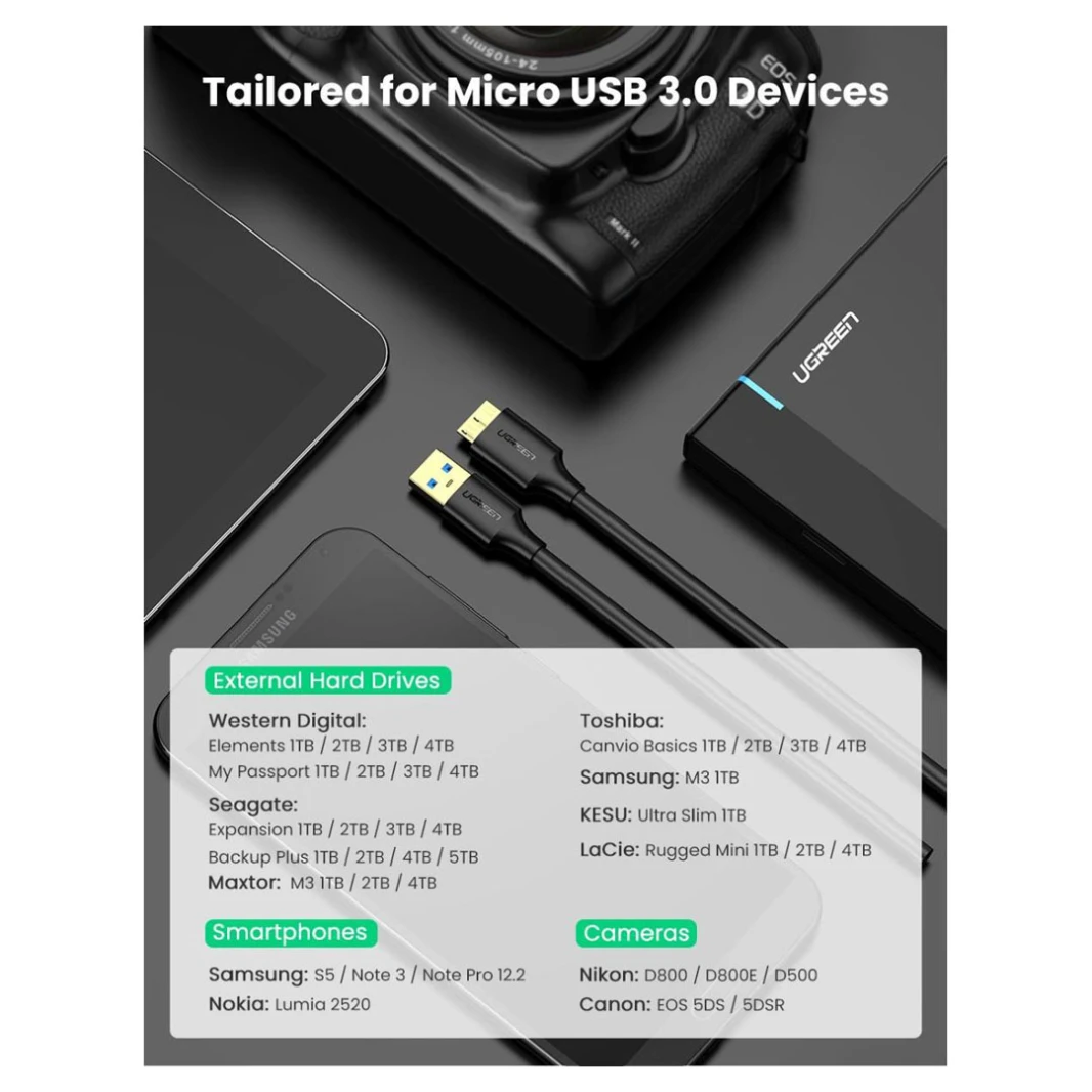 كابل UGREEN US130 Micro USB 3.0 إلى USB - A للقرص الصلب - 1 متر - كابل Micro USB 3.0 بطول قياسي لتوصيل القرص الصلب