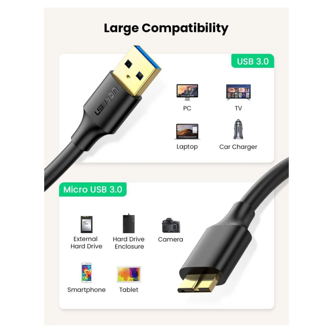 كابل UGREEN US130 Micro USB 3.0 إلى USB - A للقرص الصلب - 1 متر - كابل Micro USB 3.0 بطول قياسي لتوصيل القرص الصلب