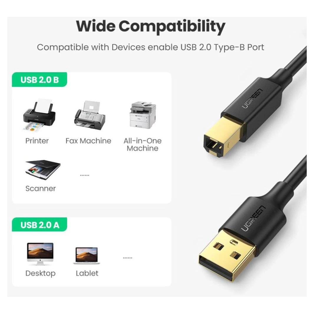 كابل الطابعة والماسح الضوئي UGREEN US135 USB 2.0 - 3 متر - كابل USB 2.0 بطول قياسي لتوصيل الطابعة والماسح الضوئي