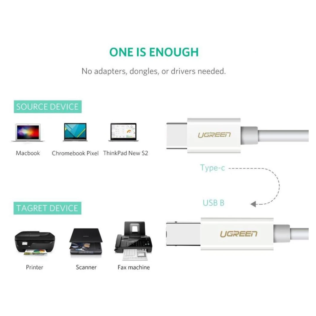 كابل USB C إلى Type B للطابعة والماسح الضوئي من UGREEN US241 - كابل USB C إلى Type B لتوصيل الطابعة والماسح الضوئي