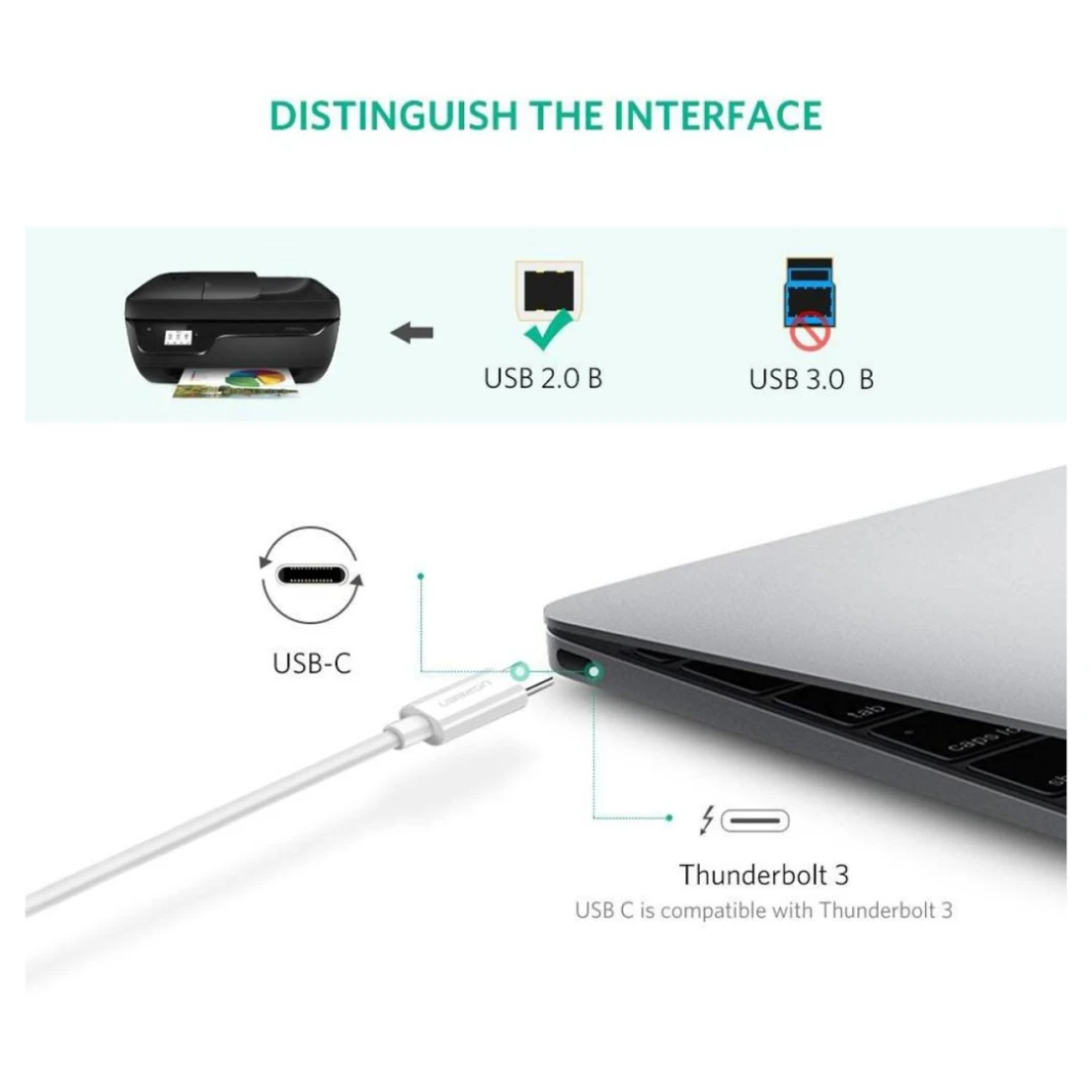 كابل USB C إلى Type B للطابعة والماسح الضوئي من UGREEN US241 - كابل USB C إلى Type B لتوصيل الطابعة والماسح الضوئي