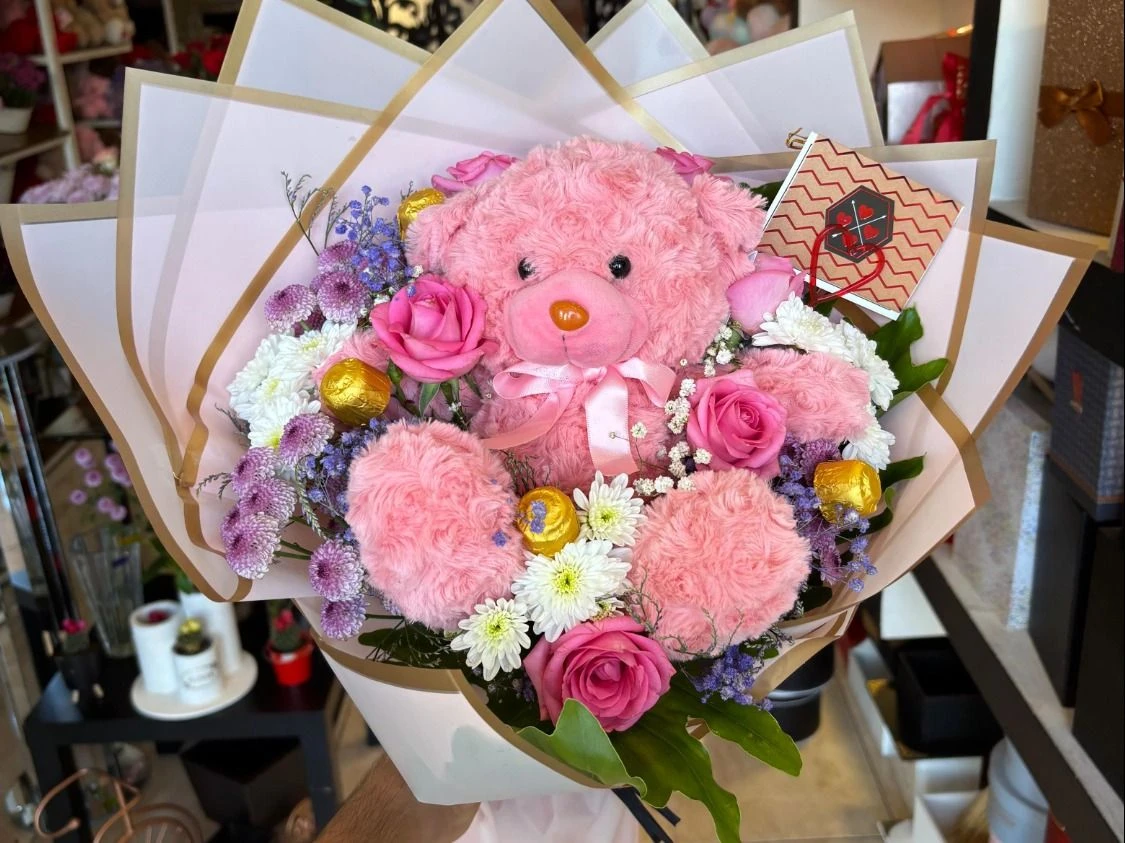 Birthday Bear with Red Roses Bouquet