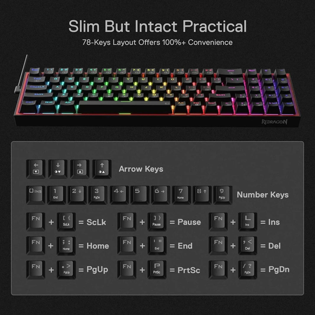 لوحة مفاتيح ألعاب Redragon K628 Pollux 75% سلكية RGB 78 مفتاحًا مع مقبس تبديل ساخن بنسبة 100% - مفتاح أحمر