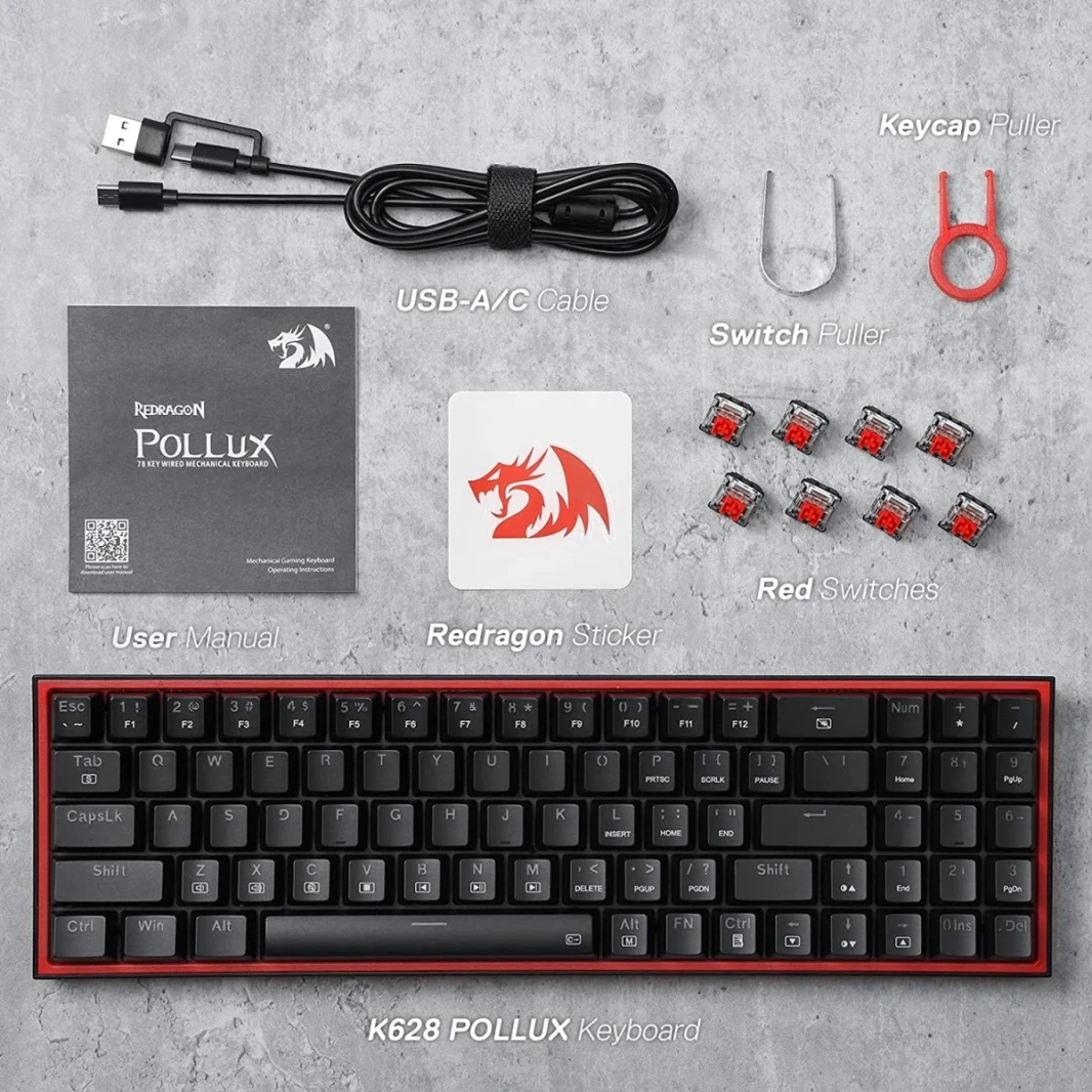 لوحة مفاتيح ألعاب Redragon K628 Pollux 75% سلكية RGB 78 مفتاحًا مع مقبس تبديل ساخن بنسبة 100% - مفتاح أحمر