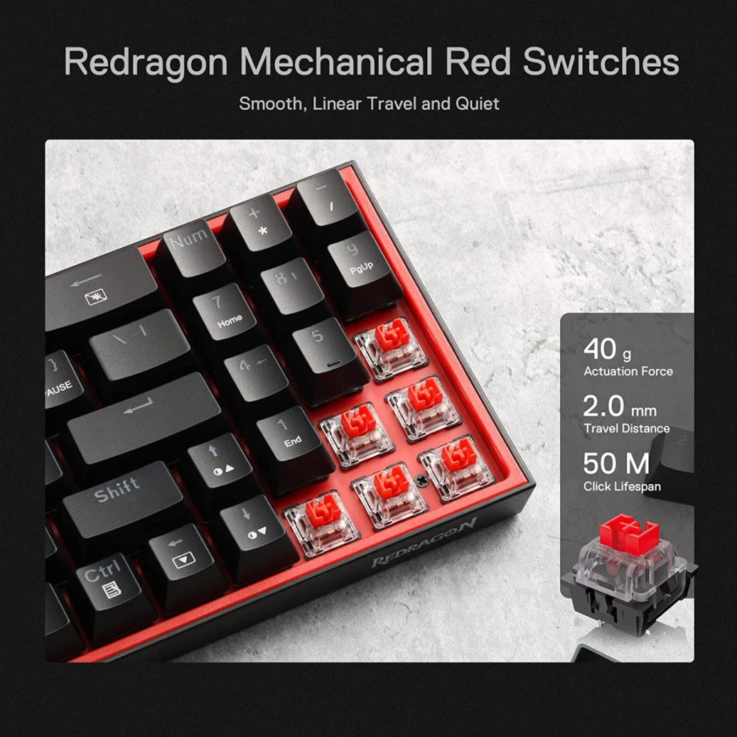 لوحة مفاتيح ألعاب Redragon K628 Pollux 75% سلكية RGB 78 مفتاحًا مع مقبس تبديل ساخن بنسبة 100% - مفتاح أحمر