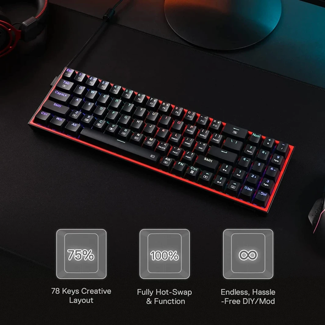 لوحة مفاتيح ألعاب Redragon K628 Pollux 75% سلكية RGB 78 مفتاحًا مع مقبس تبديل ساخن بنسبة 100% - مفتاح أحمر