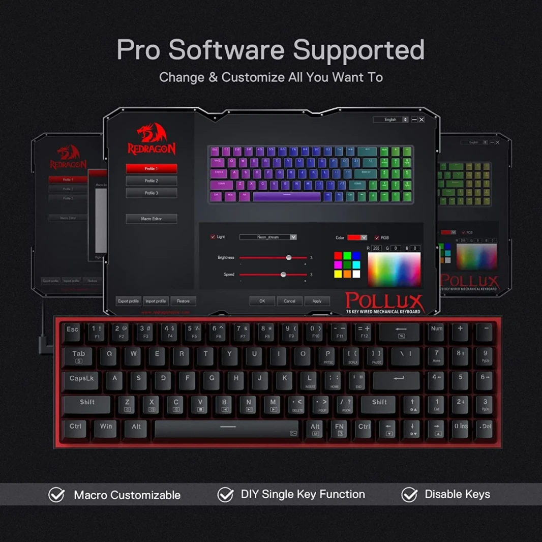 لوحة مفاتيح ألعاب Redragon K628 Pollux 75% سلكية RGB 78 مفتاحًا مع مقبس تبديل ساخن بنسبة 100% - مفتاح أحمر