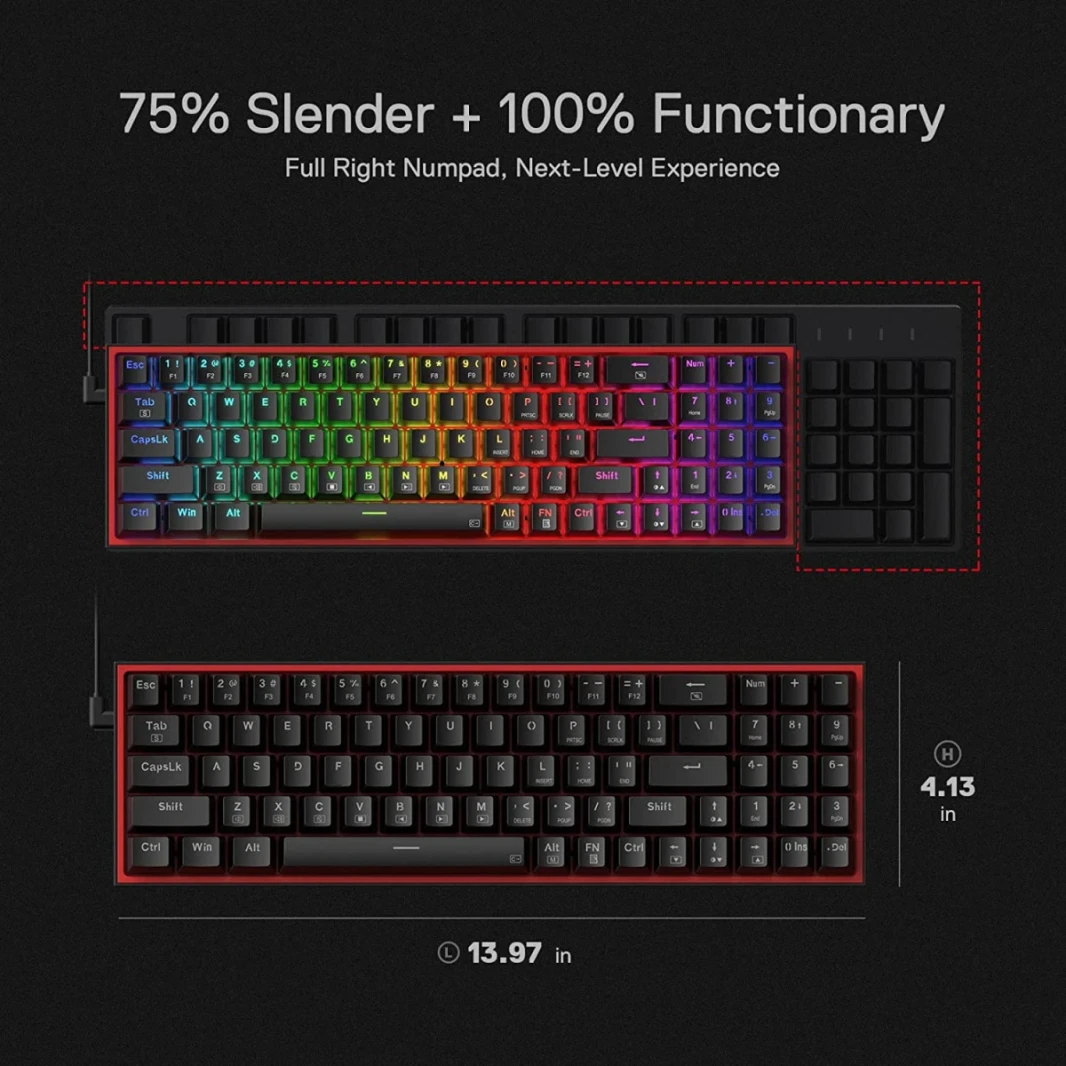 لوحة مفاتيح ألعاب Redragon K628 Pollux 75% سلكية RGB 78 مفتاحًا مع مقبس تبديل ساخن بنسبة 100% - مفتاح أحمر