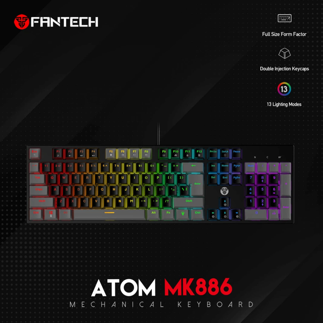 لوحة مفاتيح ميكانيكية FANTECH ATOM MK886 باللون الأسود العربي RGB بمفتاح أحمر