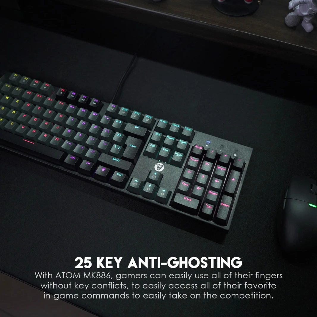لوحة مفاتيح ميكانيكية FANTECH ATOM MK886 باللون الأسود العربي RGB بمفتاح أحمر