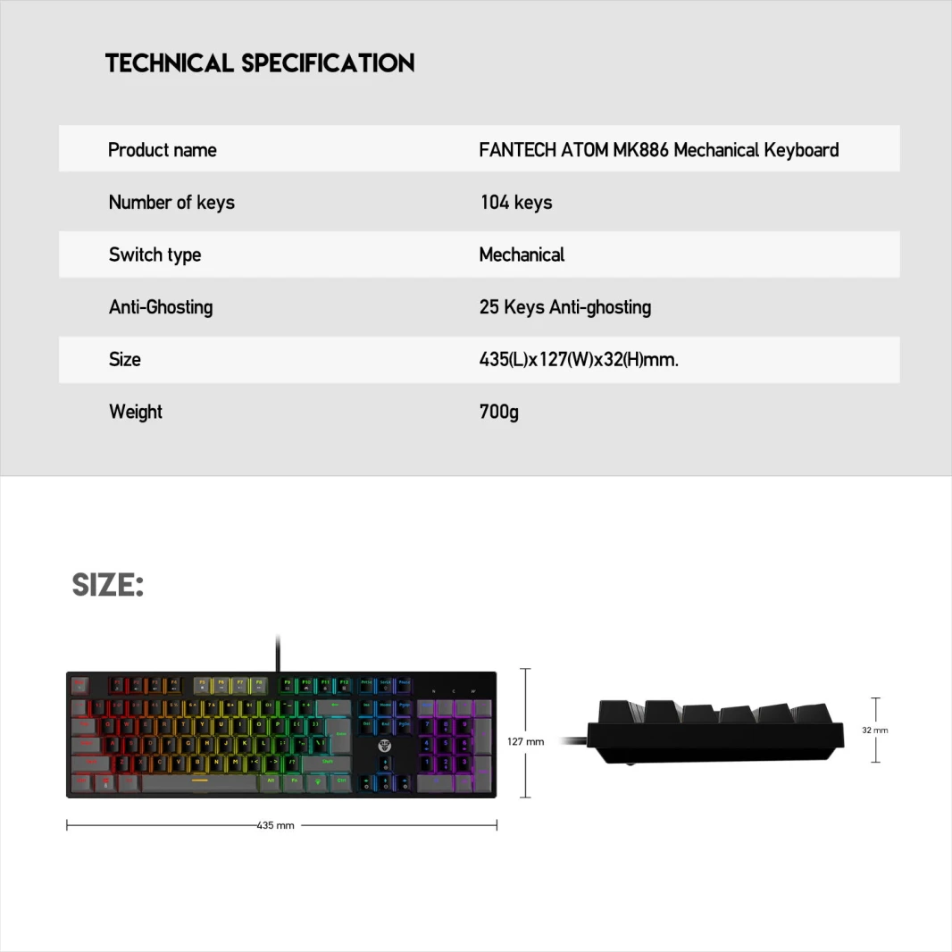 لوحة مفاتيح ميكانيكية FANTECH ATOM MK886 باللون الأسود العربي RGB بمفتاح أحمر