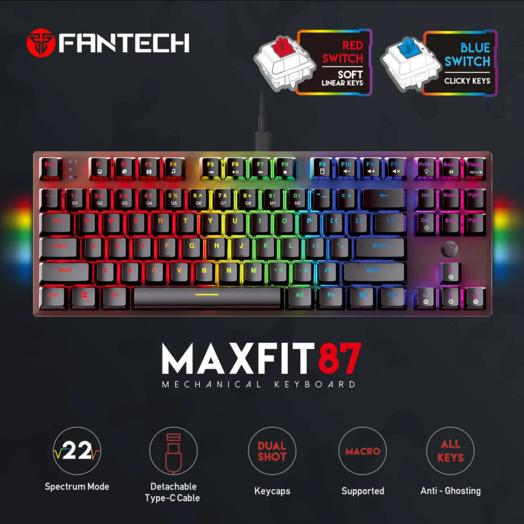 لوحة مفاتيح ميكانيكية FANTECH MAXFIT87 MK856 RGB بمفتاح أزرق