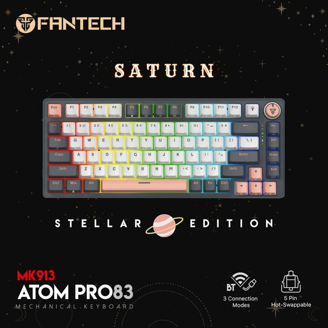لوحة مفاتيح الألعاب الميكانيكية اللاسلكية FANTECH ATOM PRO83 MK913 BLUE SWITCH – اتصال ثلاثي الأوضاع – إصدار STELLAR SATURN