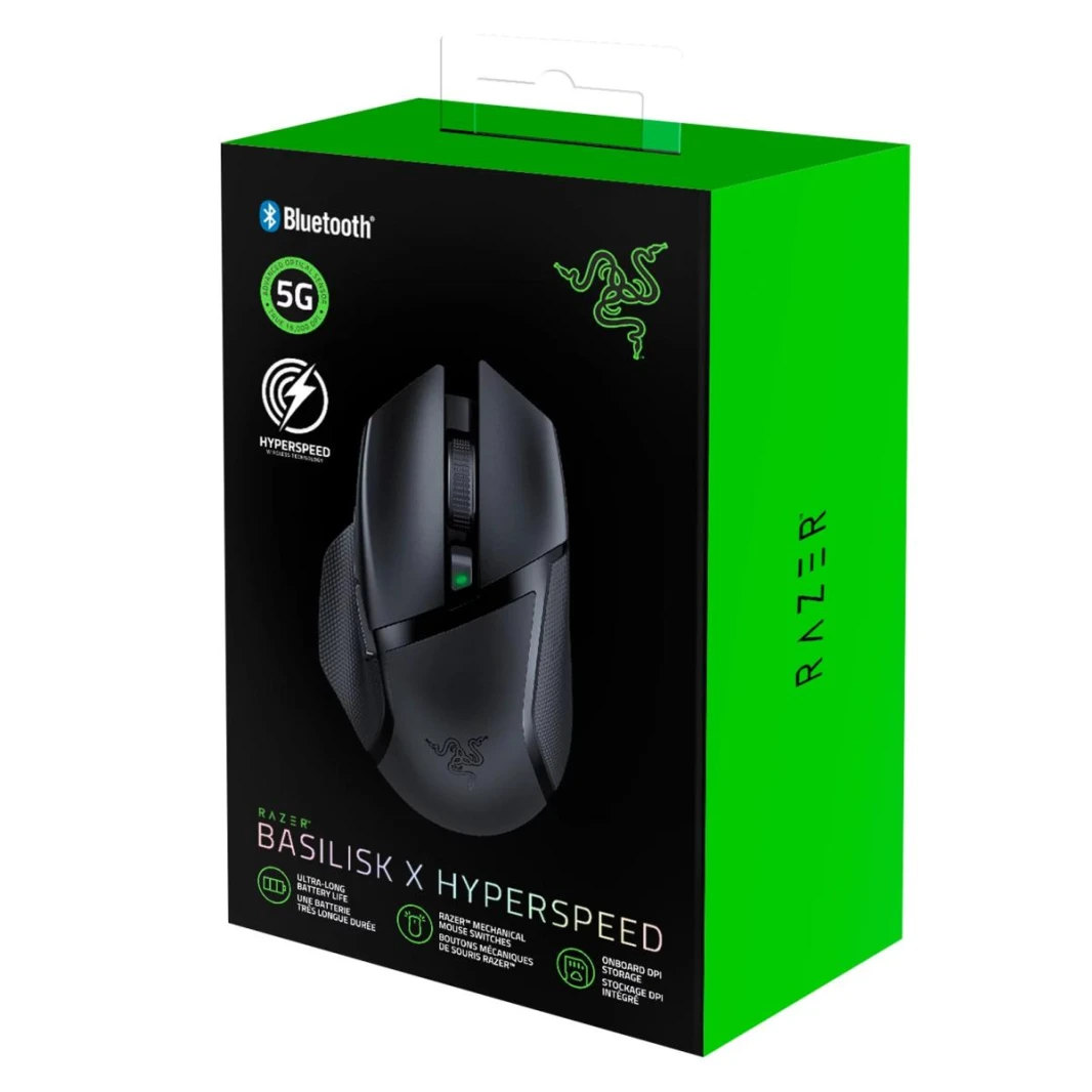ماوس الألعاب RAZER BASILISK X Hyperspeed اللاسلكي ثنائي الوضع (BT و2.4GHz) 5G Advanced Optical Sensor بدقة 16K DPI مع مفاتيح ميكانيكية وعمر بطارية طويل للغاية - أسود