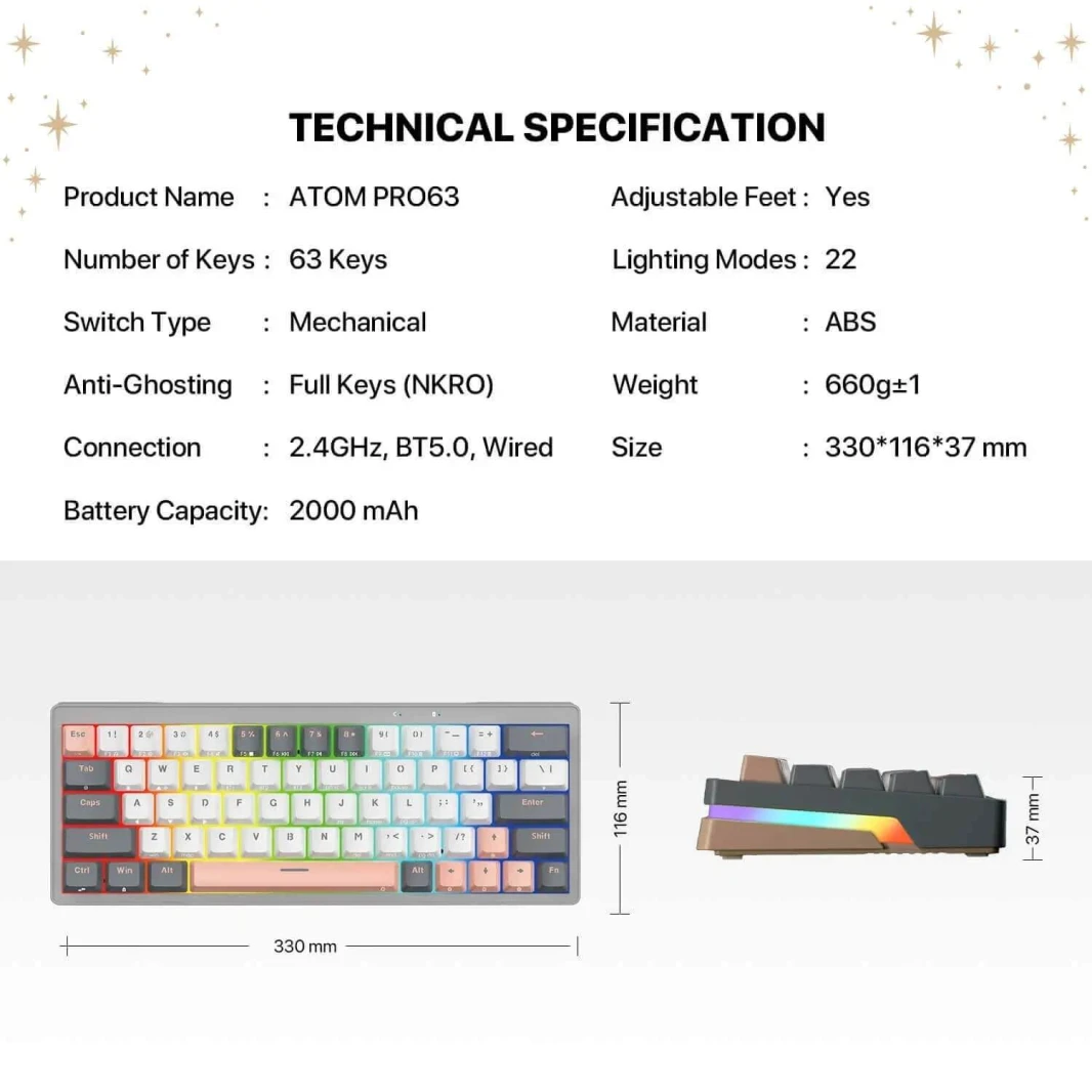 لوحة مفاتيح الألعاب الميكانيكية FANTECH ATOM PRO63 MK912 باللون الأحمر - إصدار STELLAR MERCURY