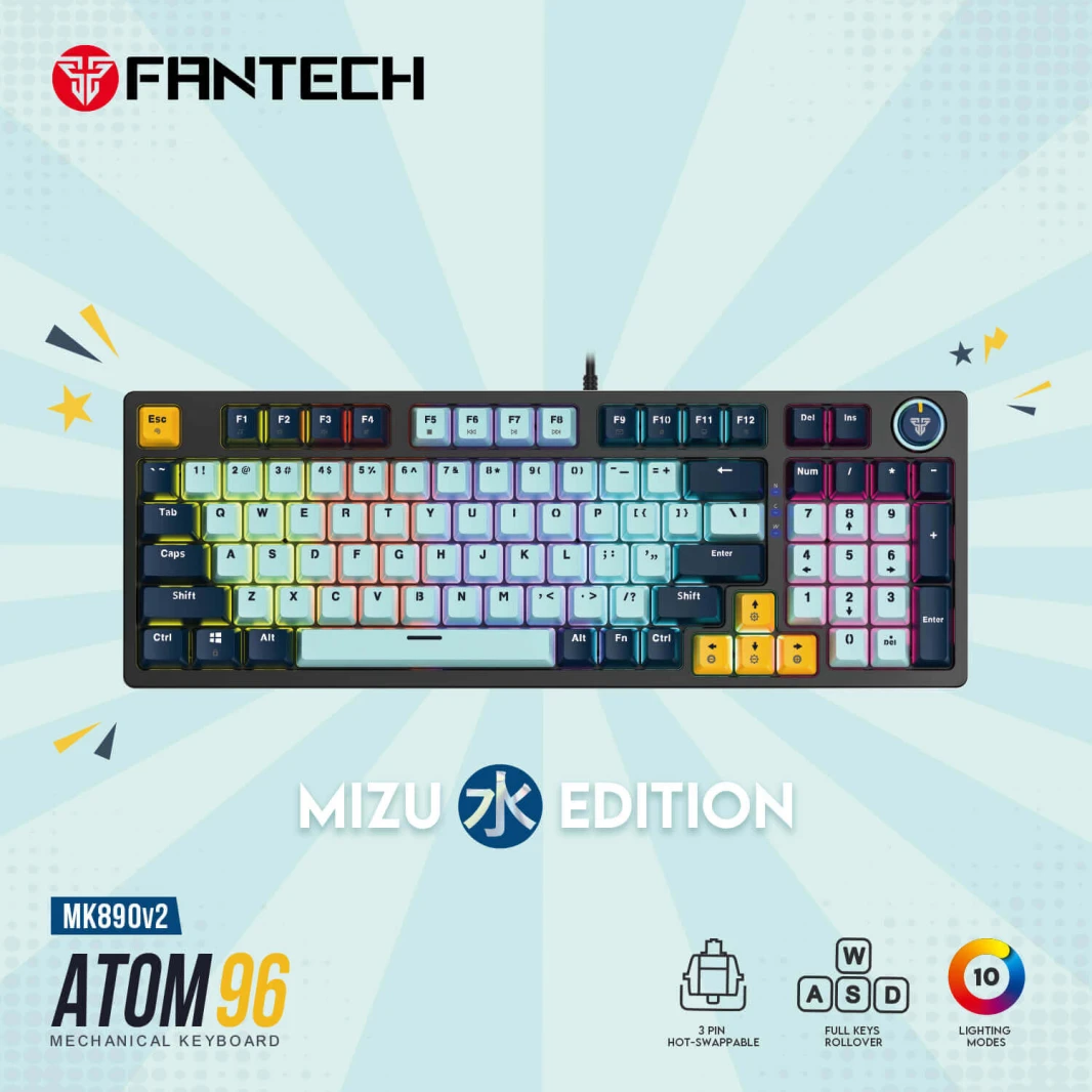 لوحة مفاتيح الألعاب الميكانيكية FANTECH ATOM96 MK890V2 – سلسلة MIZU باللون الأزرق السماوي