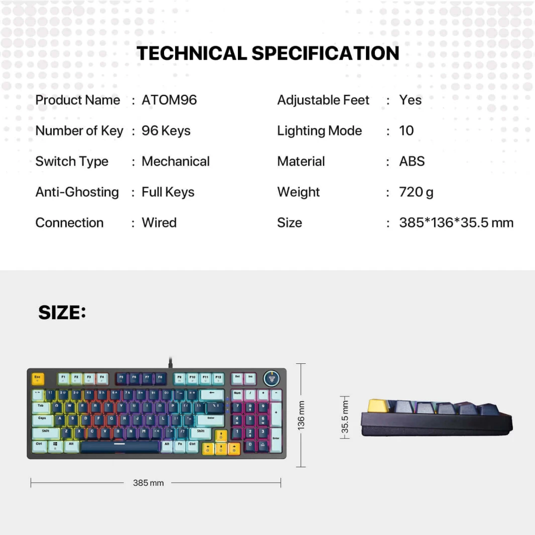 لوحة مفاتيح الألعاب الميكانيكية FANTECH ATOM96 MK890V2 – سلسلة MIZU باللون الأزرق السماوي