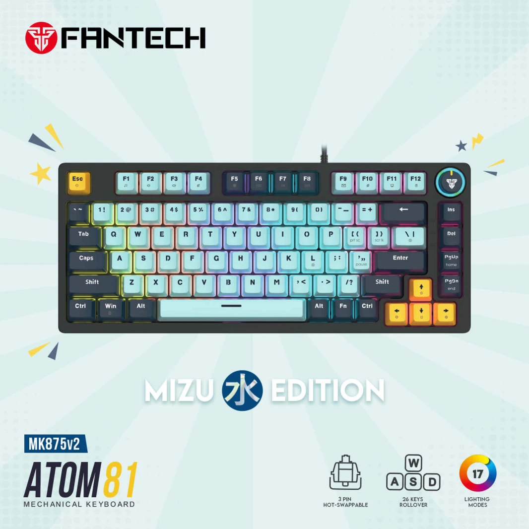 لوحة مفاتيح الألعاب الميكانيكية FANTECH ATOM81 MK875V2 – سلسلة MIZU باللون الأزرق السماوي
