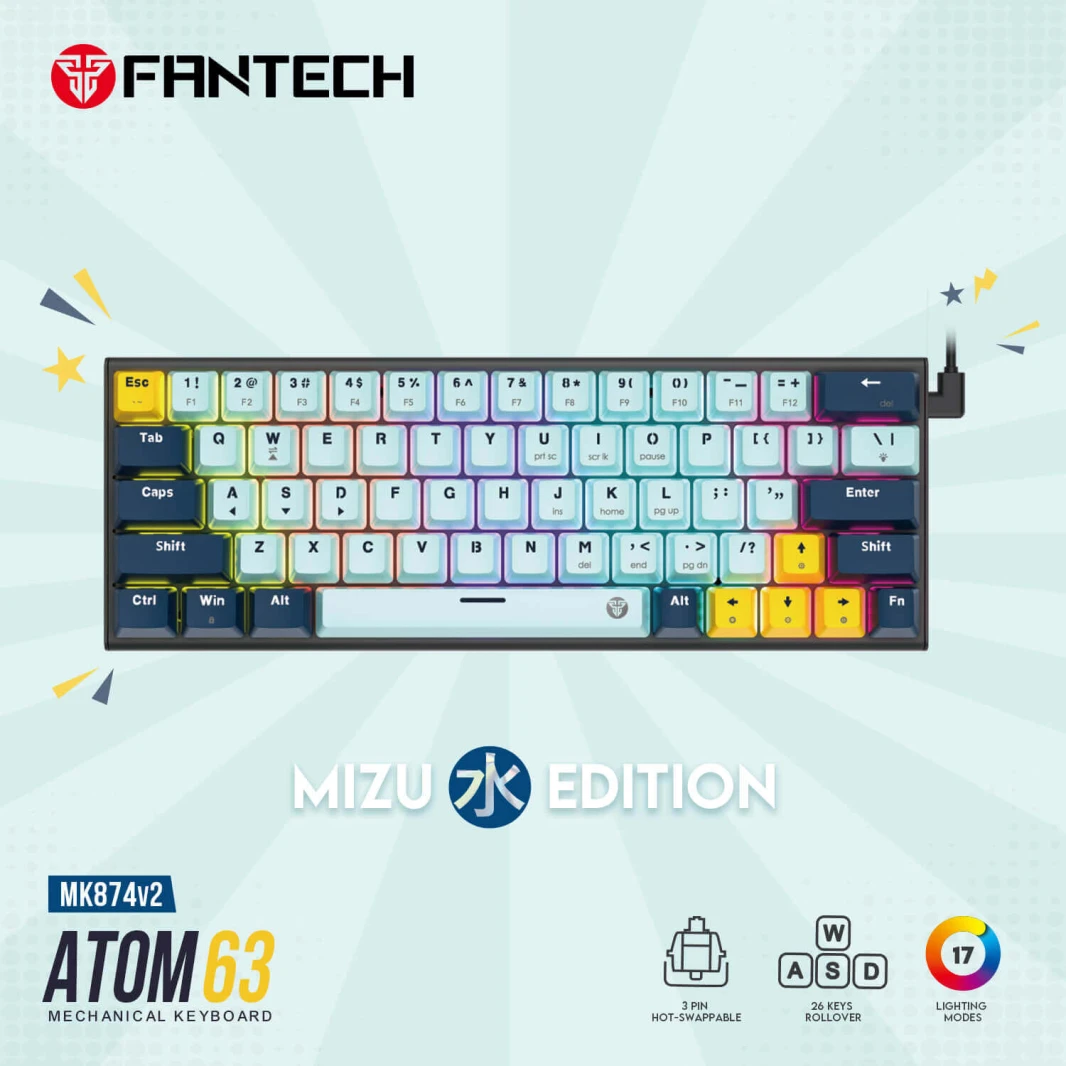 لوحة مفاتيح الألعاب الميكانيكية FANTECH ATOM63 MK874V2 – سلسلة MIZU باللون الأزرق السماوي